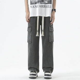 LKTM Men's Wear# Spring and Summer Multi-Pocket Workwear Jeans Men's Ins Fashion Brand Loose Drawstring All-Match Pants