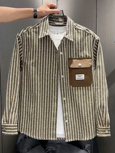 Spring Explosions Men's Striped Casual Shirt Jacket Summer Fashion All-match Outdoor Loose Lapel Long Sleeve Top Men