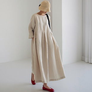 Loose Large Size Dress Women's Chubby Girl Japanese Style Korean Style Cotton and Linen Round Neck Pullover Solid Color Over-the-Knee Long Dress Large Swing Dress