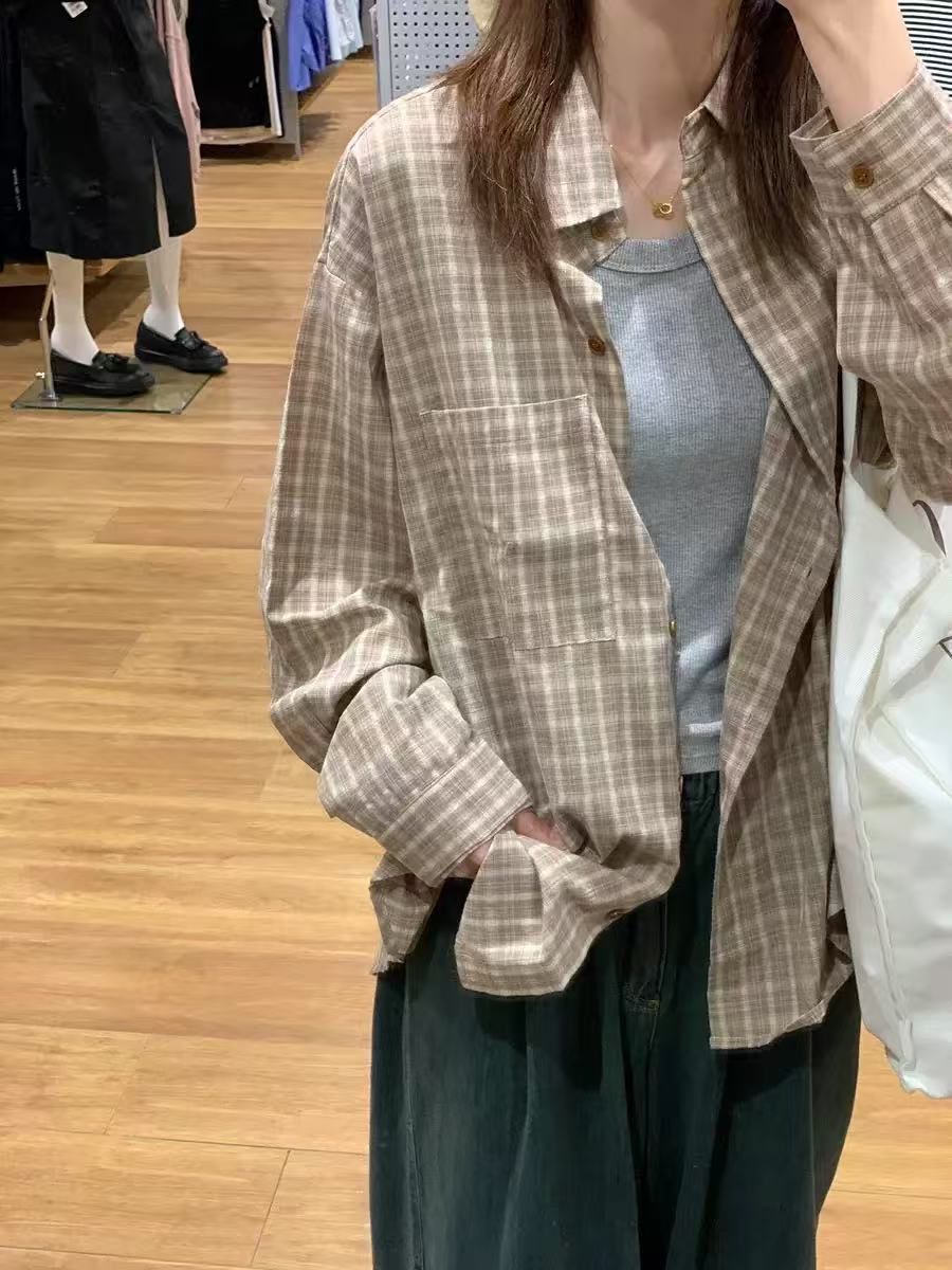 여성용 파란색 격자 무늬 긴팔 셔츠, 봄, 여름, 가을 새로운 자외선 차단 셔츠, 게으른 스타일, 루즈하고 다재다능한 탑, 얇은 재킷