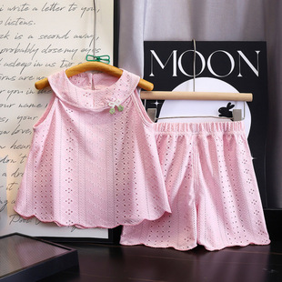 2025 Summer Children's Crewneck Slip Skirt suit Girl's Hollow-out Ruffled Skirt Baby Korean-style Two-piece Set