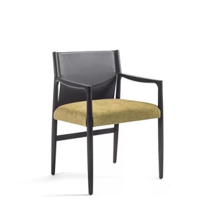 Simple Solid Wood Dining Chair with Armrests Home Restaurant Chair Black Commercial Hotel Ash Saddle Leather Backrest Chair