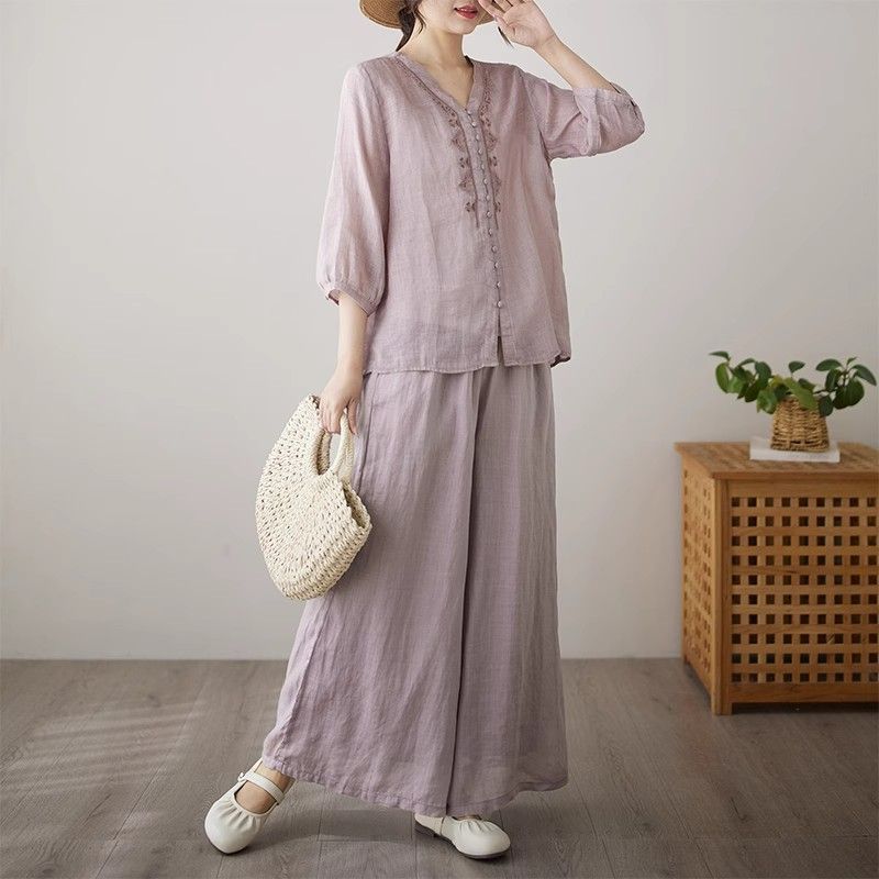 Klassik moda kombinezoni - onam uslubi, cotton-linen, keng shox shimlar