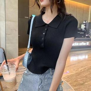 2023 Ice Silk T-shirt Women's Short Shirt Collar Polo Shirt Tight Short-sleeved Pullover Base Shirt Solid Color T-shirt