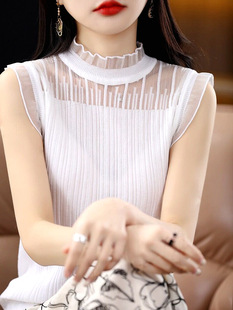 Woolen Sweater Suit Sleeveless Vest Women's Fashionable Half Turtleneck White Top Lace French Knitted Bottoming Shirt