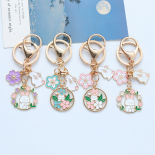 Japanese Style Romantic Cherry Blossom Rabbit Keychain Cute Cartoon Metal Pendant Couple Best Friend Bag Pendant Keychain