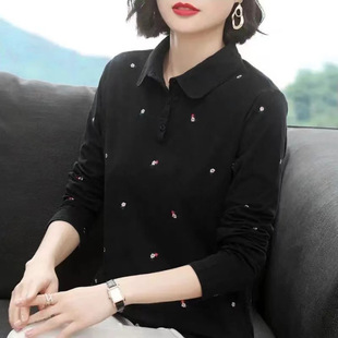 Polo Shirt Long-sleeved T-shirt Women's Loose plus size Mother's Spring 2024 New T-shirt Slimming Top Base Shirt