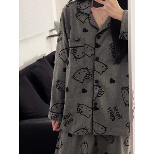 2025 spring black gray hellokitty pajamas women spring spring cartoon comfortable warm girl home clothing suit