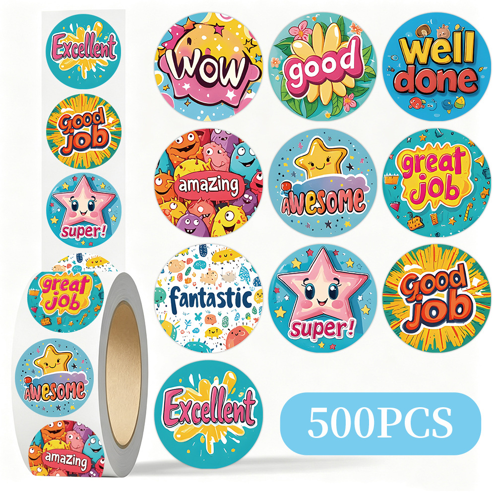 500 stickers/roll colorful star English sticker roll DIY children's teacher reward small gift tape decoration wholesale