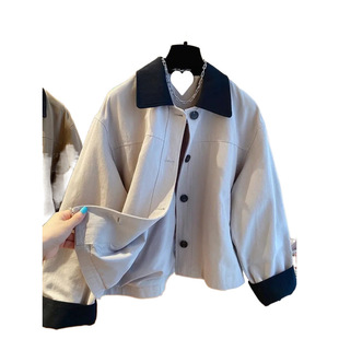 South Korea High-end Sense Contrast Lapel Coat Coat Women's Spring and Autumn 2024 New Loose All-match Work Jacket Top