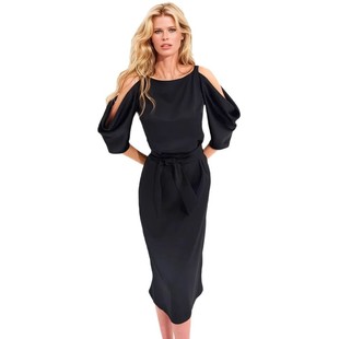 2025 Cross-border AliExpress Women's European and American Spring and Summer Black Imitation PU Matte Slant Shoulder with Belt dress