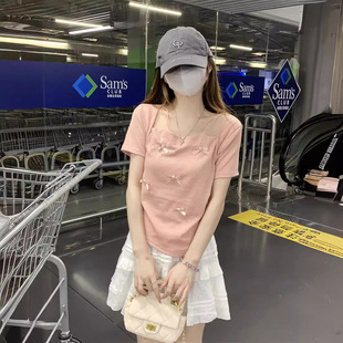 Irregular Short-sleeved T-shirt Women's 2024 Summer New Slim-fit Slimming Fashionable Bow Design Sweet and Spicy Top