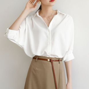 White Shirt Women's Summer Lazy Loose Commuter Lantern Sleeves Cool Light Luxury OL All-match Anti-wrinkle Middle Sleeve White Shirt