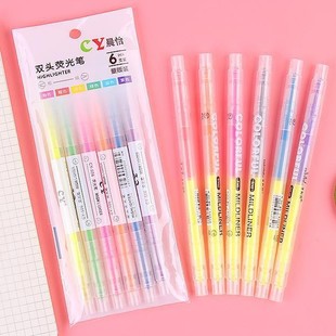 Creative double-headed two-color highlighter 6-piece student stationery school supplies marker color oblique marking pen