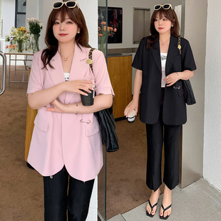 2350 Xuan Chen Chubby Large Size Korean Style Retro Commuting Style OL Wide Short-Sleeved Suit Summer Fat-Covering Top