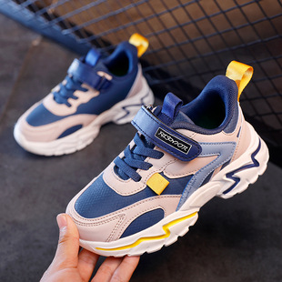 Autumn and winter leather children's shoes waterproof lightweight cross-border boys and girls Velcro large children's net shoes [factory direct]]