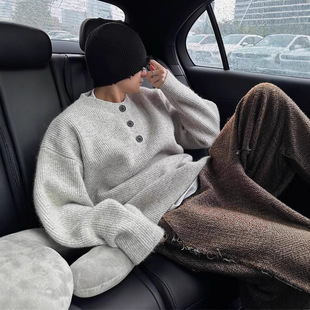 Grey American Style Retro Henry Collar Sweater Men's Winter Lazy Style High-grade Knitted cleanfit Jacket