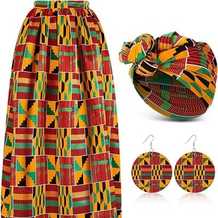 Amazon Supply 3 pieces Women's African print skirt A- Line skirt with pockets casual headscarf and eardrops suit