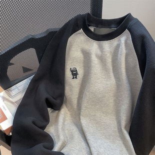 American Retro Waffle Raglan Long-sleeved Shirt with Sweatshirt for Women Spring High-end Thickeneded Top