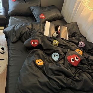 Double-sided Ice Silk Cartoon Cute Embroidered Quilt Cover Bed Four-piece Set Washed Silk Cool Bed Sheets Dormitory Three-piece Set
