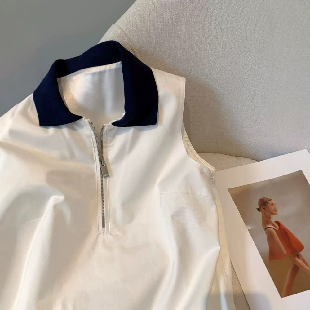 Old Money Style White Polo Collar Sleeveless Dress for Women 2026 Summer New Style Elegant Sweet Casual Tank Dress