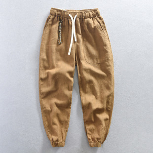 2023 Summer thin men's retro trendy loose cotton and linen casual pants Japanese harem ankle-tied pants linen trousers