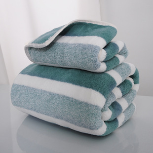 Cross-border Wholesale Coral Fleece Towel Soft Absorbent Thickened Color Strip Adult Household Couples Hair Towel Bath Towel