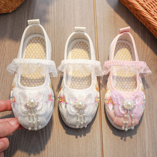 Girls' Hanfu Shoes Chinese Style Ethnic Handmade Shoes Ancient Clothing Children's Embroidered Shoes Old Beijing Cloth Shoes New Spring and Autumn