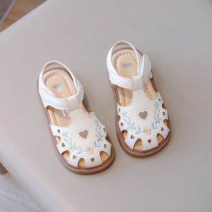 2024 New Girls Leather Sandals 1-2 Years Old Baby Soft Bottom Toe Baby Shoes Summer Kick-off Princess Shoes