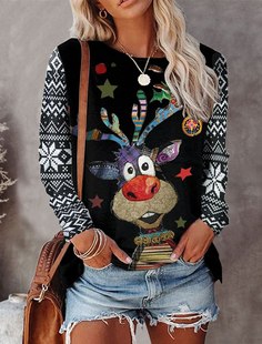 European and American Cross-border Spring and Autumn 3D Printed Christmas Pattern Women's Casual Hundred Tower Crewneck Long-sleeved T-shirt Top