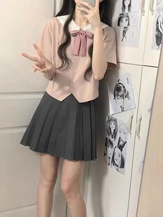 Summer New Small Fresh Sweet College Style Pink Short jk Shirt Top + Dark Grey Pleated Skirt Set