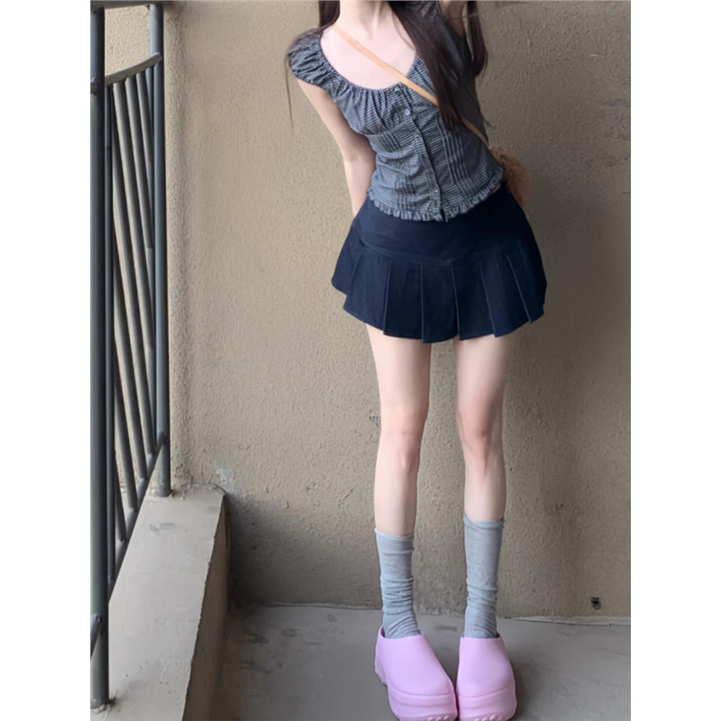 Dark Blue High-Waisted Slimming Pleated Short Skirt for Women, New Summer Style with Pockets, Versatile Slim A-Line Skirt