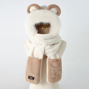 New Style Bear Hat Scarf One Three-piece Set Women's Autumn and Winter All-match Plush Korean Style Scarf Hat Warm Scarf