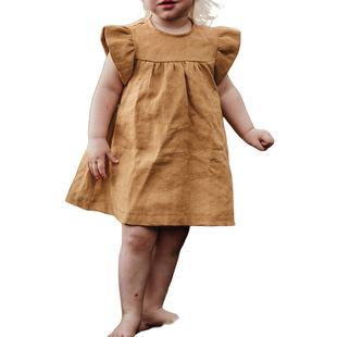 Foreign-style Small Flying Sleeve Vest dress Casual Round Neck Tianse Skirt Girl's Mori Style Pastoral Solid Color A- line Skirt