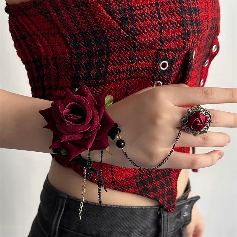 Black Lace Rose Bracelet Retro Dark Gothic Chain Tassel Bracelet Ring One-Piece Halloween Accessories