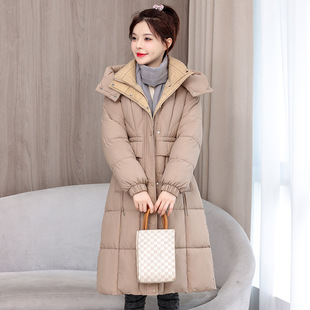 European and American foreign trade 2024 winter new waist long knee cotton-padded jacket fashion slimming cotton-padded jacket hooded coat trendy