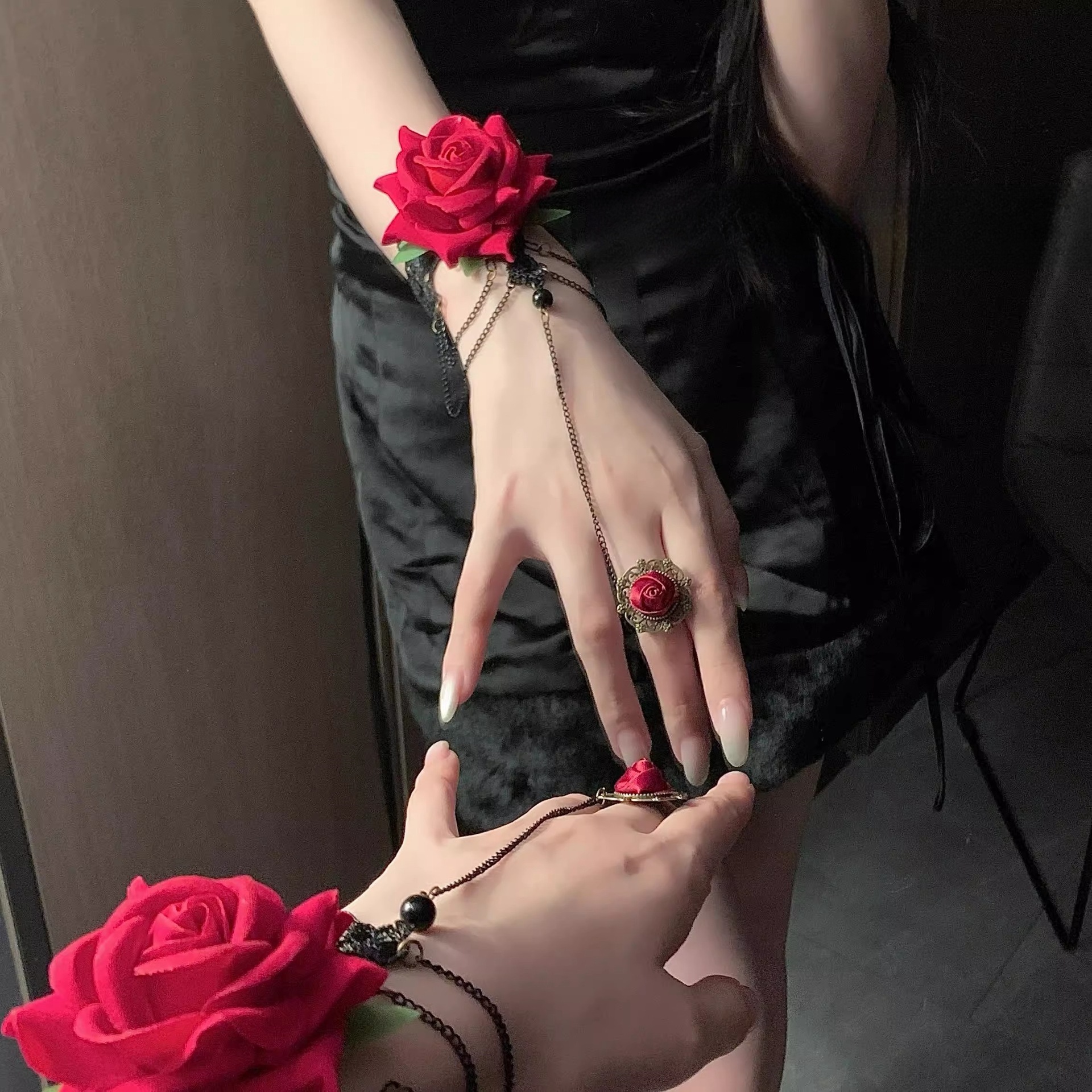 Diablo Retro Lace Rose Flower Ring Bracelet Punk Gothic Red Lolita Christmas Halloween Accessories