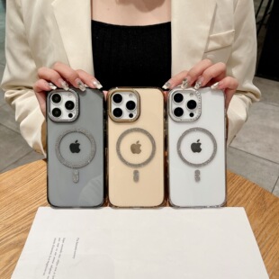 For Apple 16Promax Strong Magnetic Absorbing Transparent Advanced Sense Phone Case iPhone15 Diamond Lens Frame Drop-Resistant