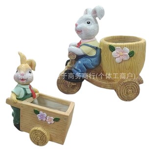 Creative New Easter Bunny Trolley Flower Pot Balcony Decorative Ornaments Cycling Rabbit Fleshy Flower Pot Resin