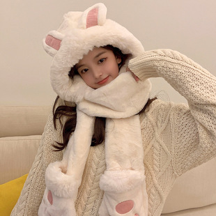 Bear hat scarf hat one plus velvet warm Korean students cute all-match rabbit ears three-piece wholesale