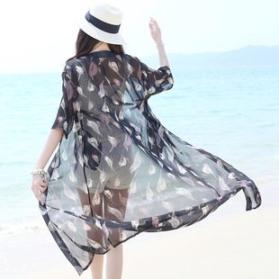 Special Offer New Women's Bikini Outer Blouse Long Printed Long Beach Vacation Sun-protective Shirt Slimming Mask