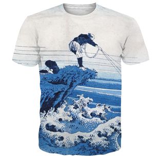 Cross-border 3D Digital Printed Men's T-shirt Retro and Wind Wave Japanese Crewneck Summer Port Style Loose Short-sleeved Shirt