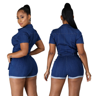 SMR9715_1 Amazon AliExpress New Cross-border European and American Wear Fashion Denim Women's Slim-fit Jumpsuit