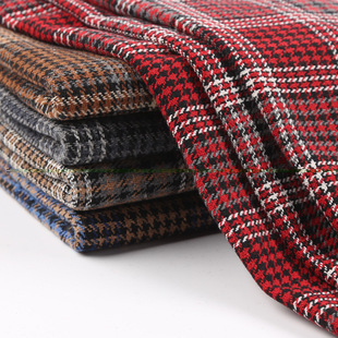 In stock houndstooth fabric Spring and Autumn Winter woolen yarn-dyed coarse woven plaid woolen fabric plaid cloth red fabric