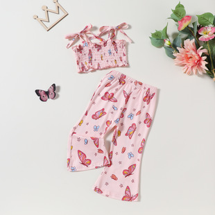 European and American Fashion Girl's Western Style Summer Suit with Neck and Small Strap Girl's Flared Pants Summer Children's Two-Piece Suit