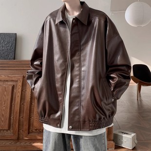 American Style brown Retro Leather Jacket Men's Autumn and Winter Thickened Cotton-padded Coat High-grade Fashionable Brand PU Leather Lapel Jacket
