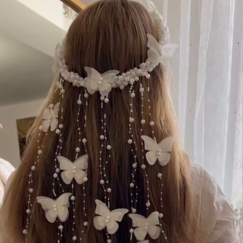 Cross-Border European and American New Style Butterfly Pearl Headband Handmade Headwear Pearl Bridal Headwear European Style Hair Accessories Wedding Hairband