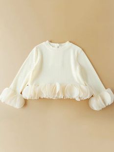 Girls' Autumn Korean Style Petal Long-sleeved Top 2024 New Design Sense Long-sleeved T-shirt Princess Round Neck