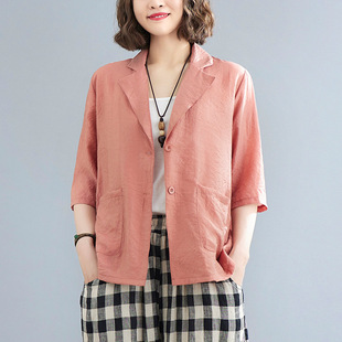 Real shot 2024 summer thin cotton and linen art plus size loose casual suit sunscreen half sleeve small suit for women