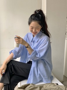 in stock Early Spring Lazy Gentle Girl's Buersucker Textured Plaid All-Match Loose Mist-Long Shirt 2 Colors